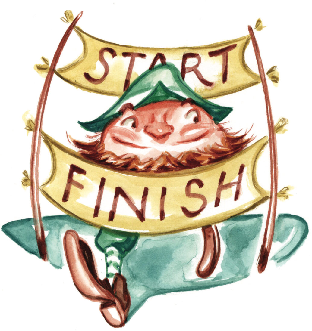 An illustration of a leprechaun crossing a start and finish line at the same time