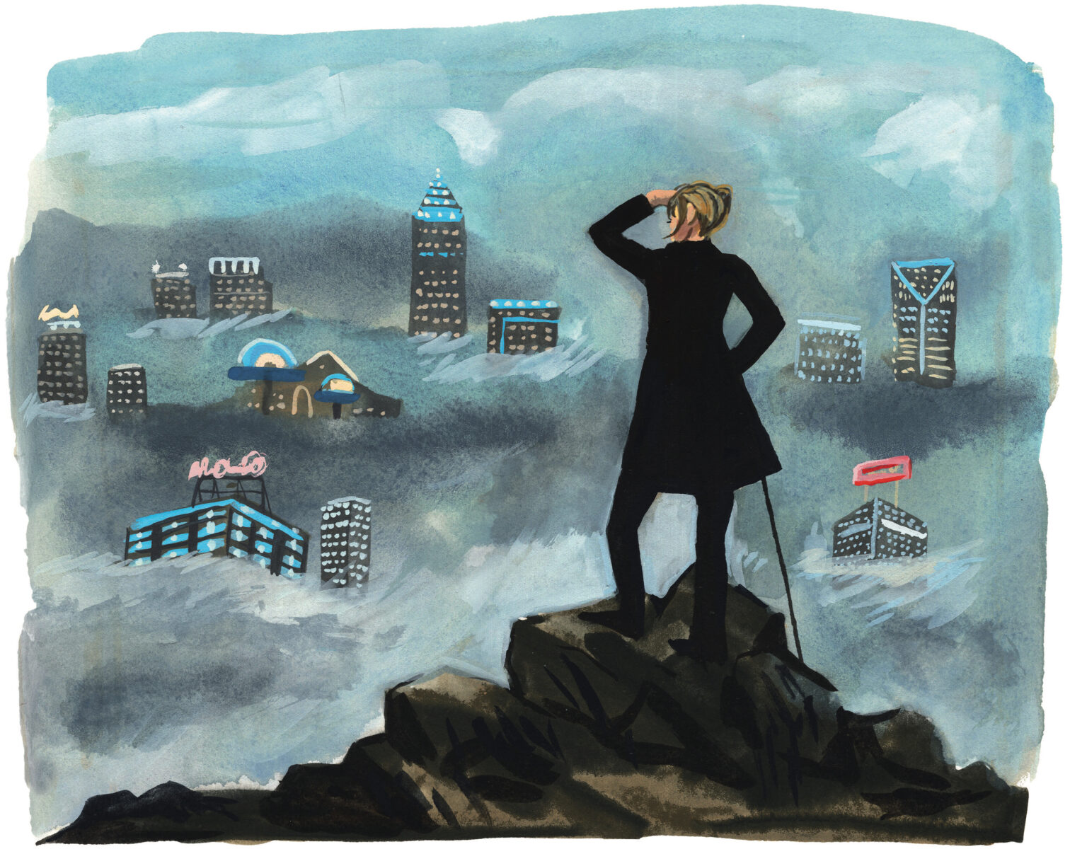 A painting of a man wearing black standing on a cliff looking out over a foggy, grey city.