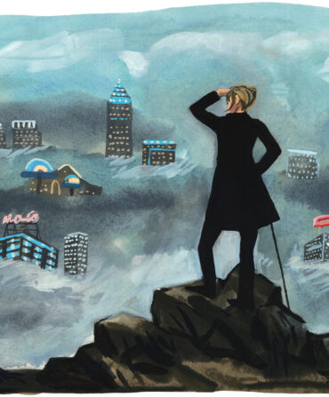 A painting of a man wearing black standing on a cliff looking out over a foggy, grey city.
