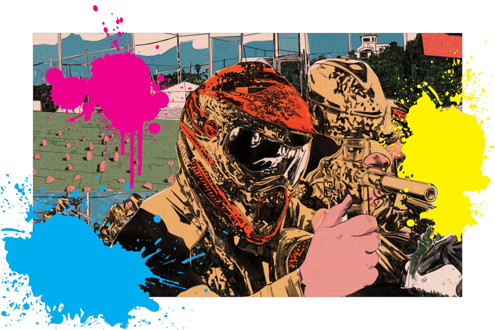 An illustration of a man playing paintball with a blue, pink, and yellow splatter