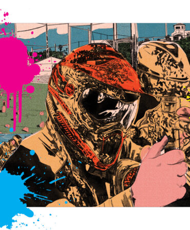 An illustration of a man playing paintball with a blue, pink, and yellow splatter