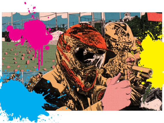 An illustration of a man playing paintball with a blue, pink, and yellow splatter
