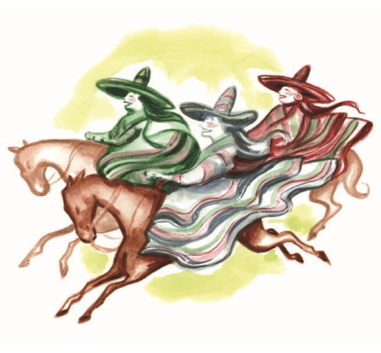 An illustration of three women, wearing sombreros and capes, riding horses