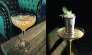 A collage of two images: An orange drink in a salt-rimmed coupe glass; a mint julep in a silver cup.