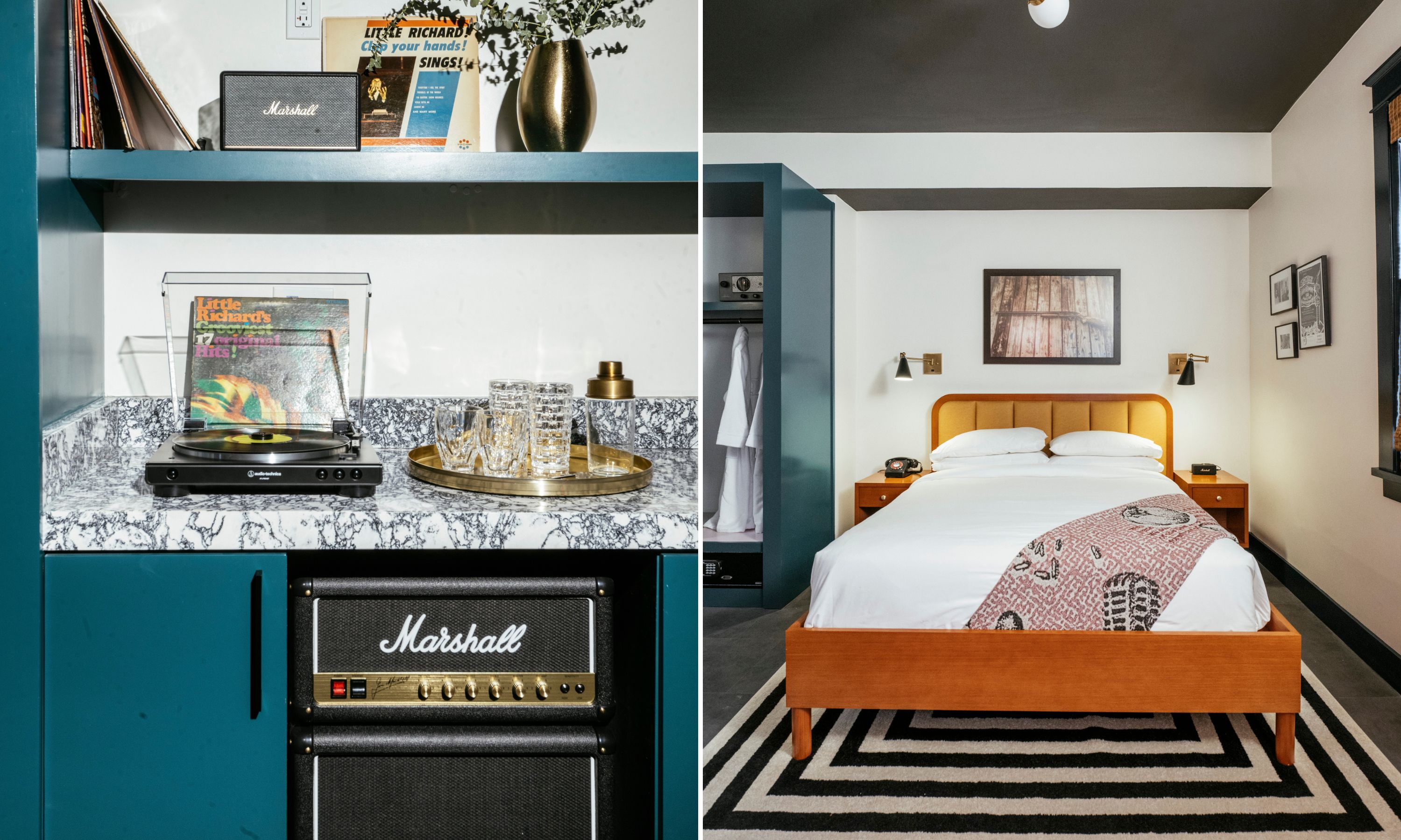 A collage of two images: a navy shelf with a record player and amp; a bedroom with a black and white geometric rug and white bed in a wood frame.