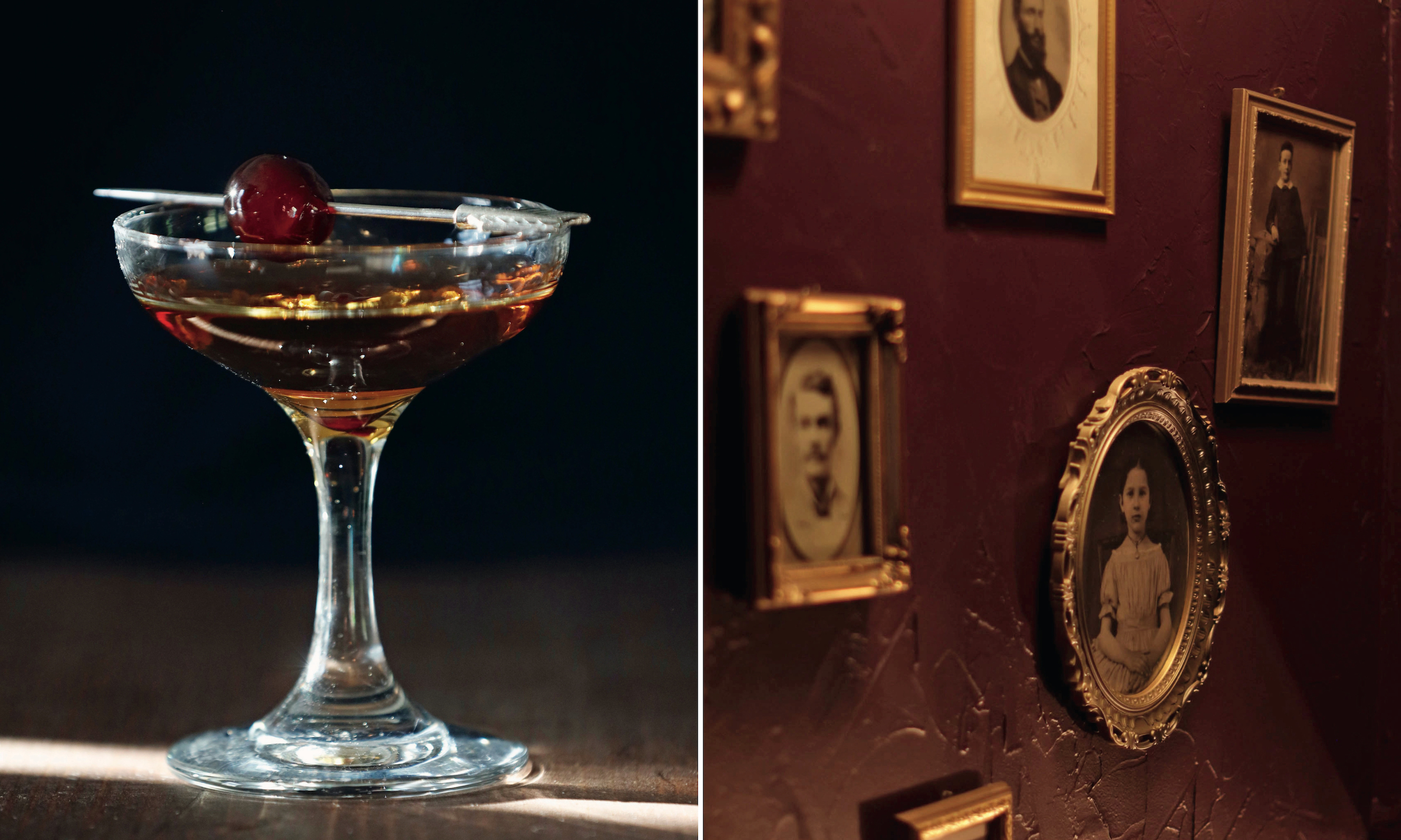 A collage of two images: a Manhattan in a glass;