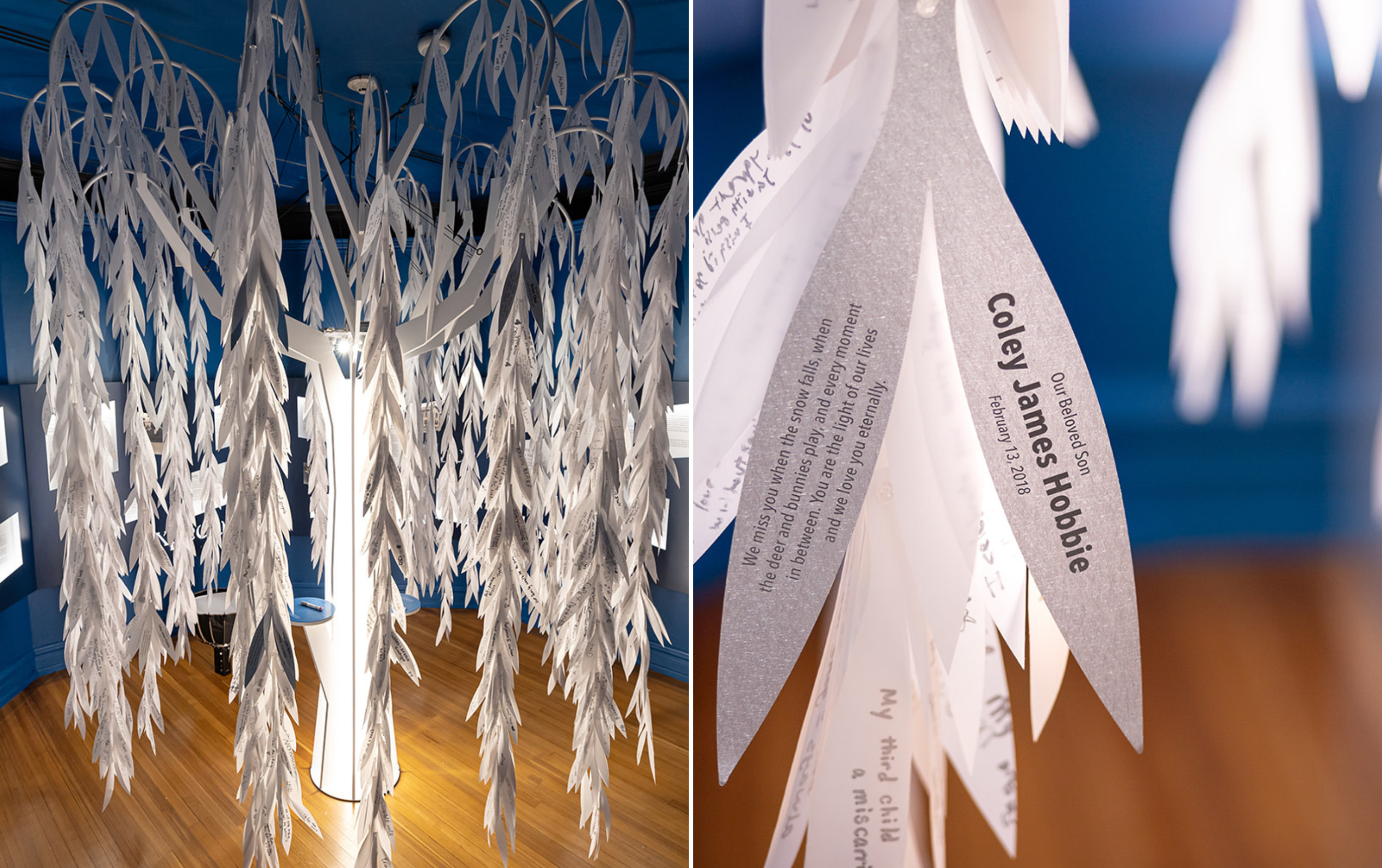 A collage of two images: In the center of a blue room stands a white sculpture of a willow tree, its limbs heavy with hundreds of individual leaves bearing parents’ messages to their dead children; a close up of a message on paper in remembrance of a boy.