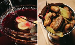 A collage of two images: red punch with lemon slices in a glass bowl; a silver cup with boiled peanuts.