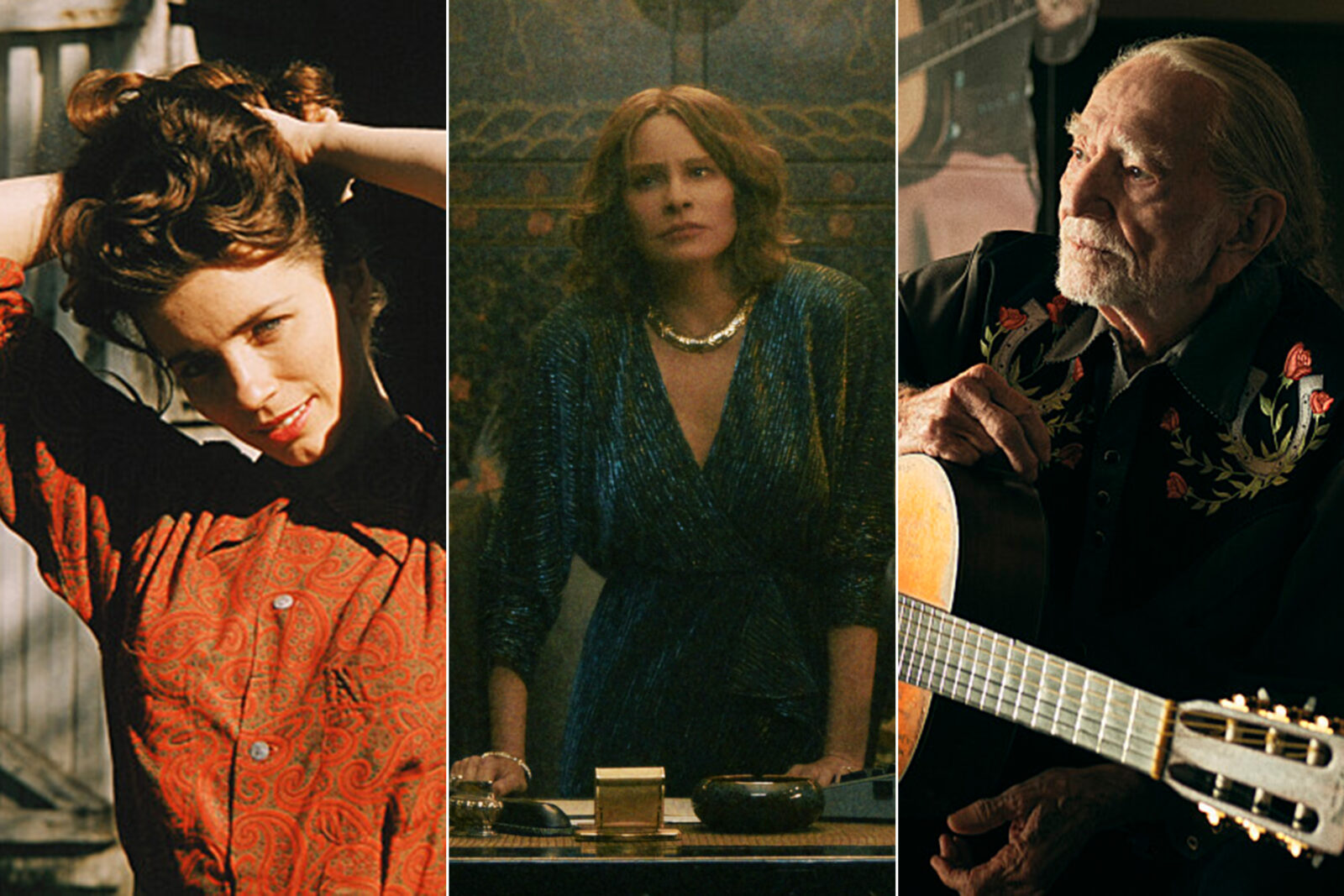 Three photos, one showing June Carter Cash, one showing Sofia Vergara as Griselda Blanco, and one showing Willie Nelson