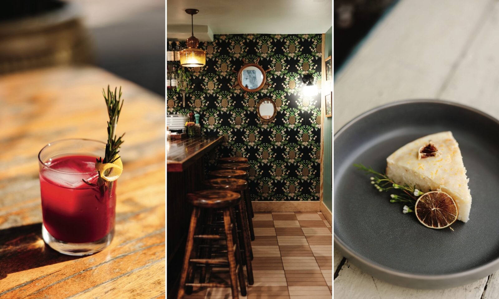 A trio of images: a red cocktail in a glass; inside a bar with wood stools and a patterned wallpaper; a slice of yellow coconut cake on a black plate.