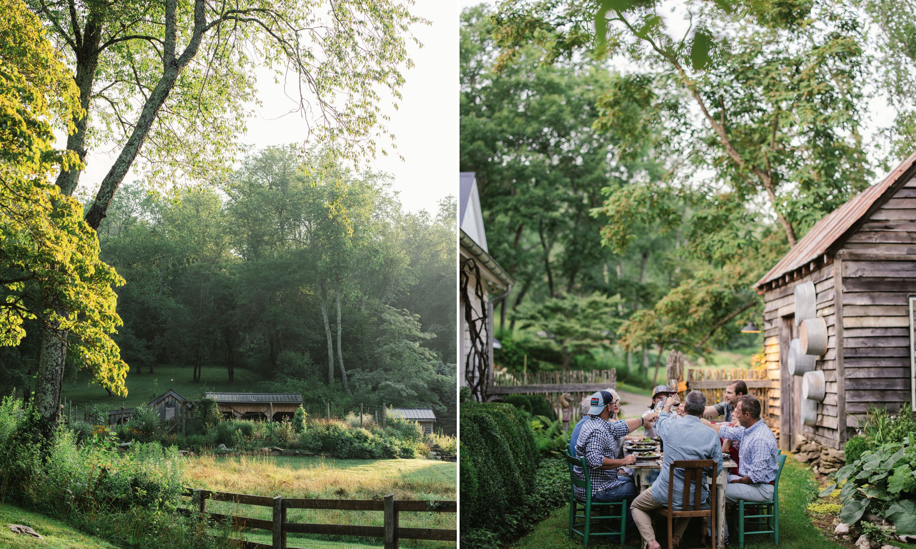 A collage of two images: an orchard, potting shed, and chicken coop at a lush green farm with tall trees, a wood fence, and garden; A group of people sit outside in a lush garden, seated at a table. They cheers with wine glasses.