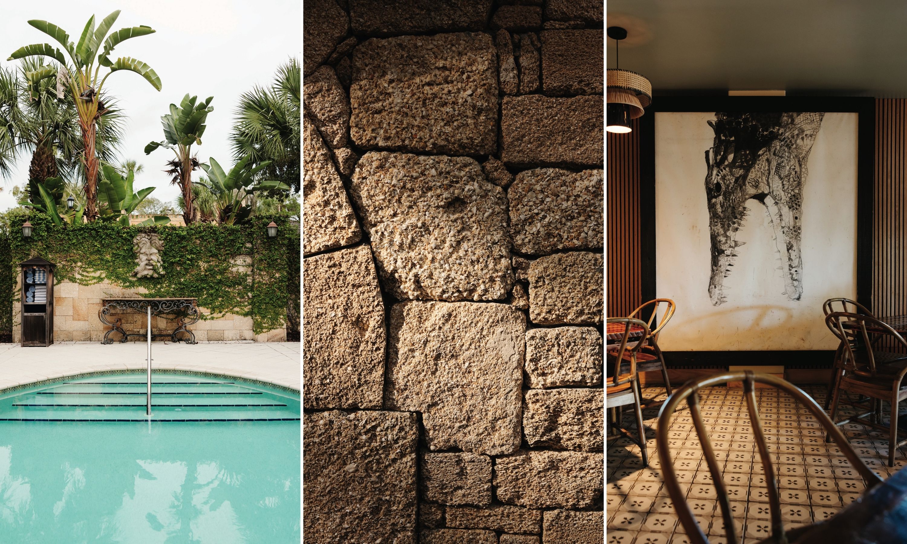 A collage of three images: an aquamarine pool; a detail of a stone wall; a painting of an alligator in a restaurant.