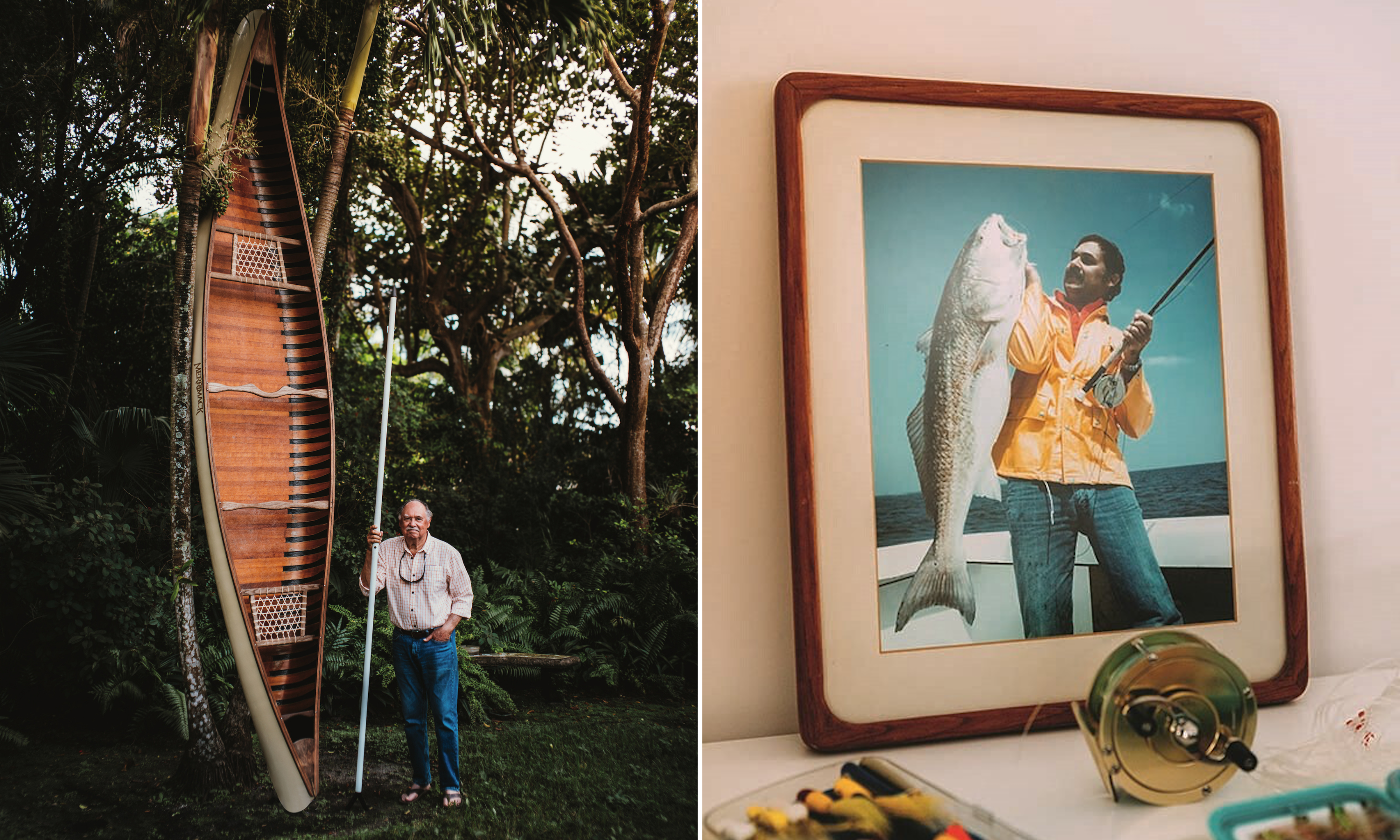 A collage of two images: A man stands outside by a wooden canoe; a framed photo of a man holding a huge redfish on a boat.