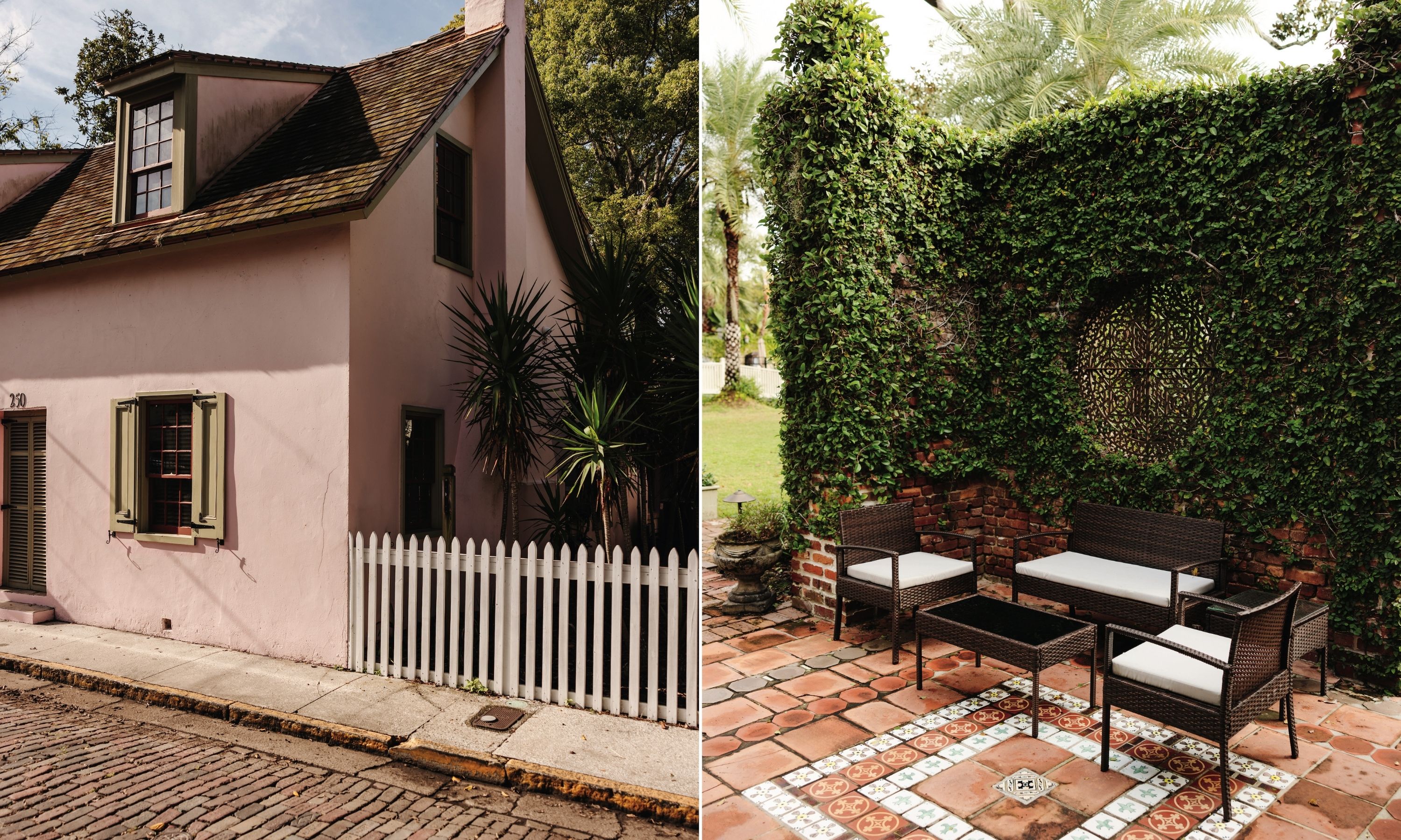 A collage of two images: a pink stone house with a wood shingle roof and palms; a patio with tall brick walls covered in greenery and seating.