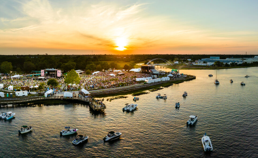 An aerial shot of High Water Music Festival located at Charleston's Riverfront Park.