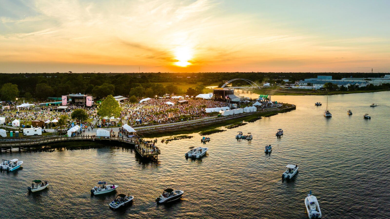An aerial shot of High Water Music Festival located at Charleston's Riverfront Park.