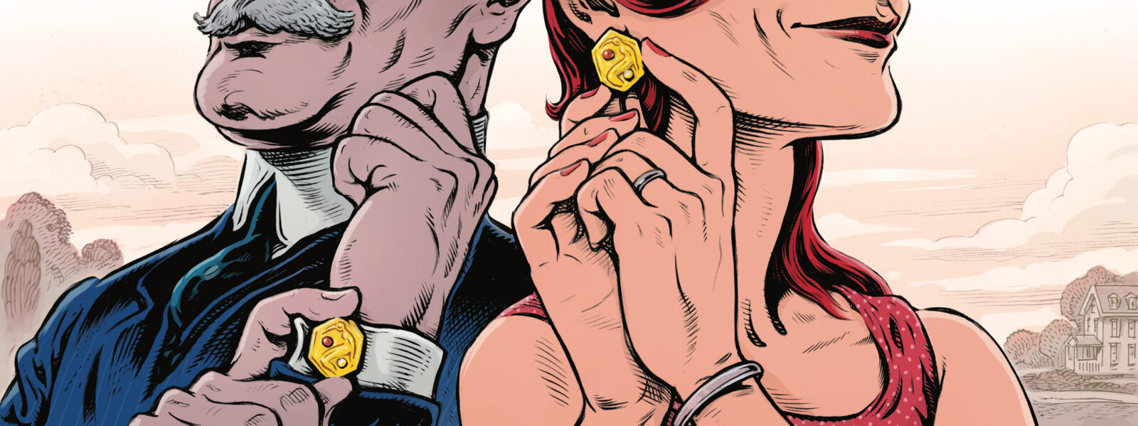 An illustration of a man and a woman touching cufflinks and earrings on themselves