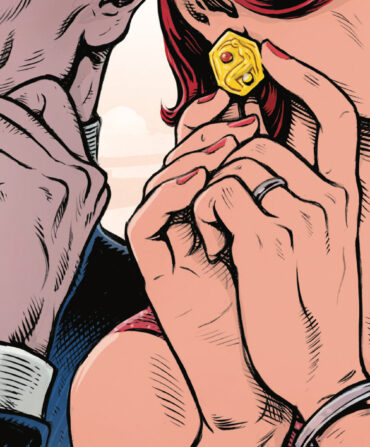 An illustration of a man and a woman touching cufflinks and earrings on themselves