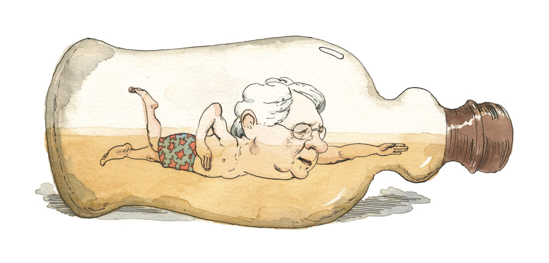 An illustration of a man swimming in bourbon in a glass bottle