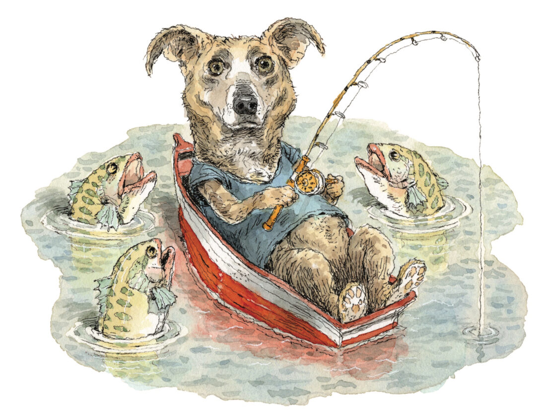 An illustration of a dog in a boat with a fishing rod. Green bass look up around him