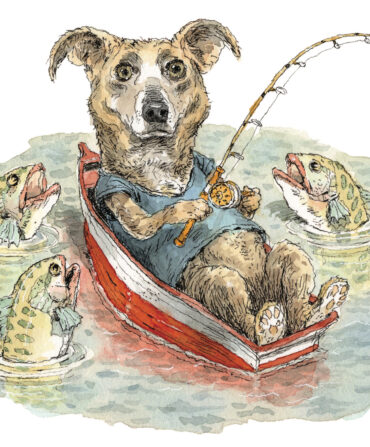 An illustration of a dog in a boat with a fishing rod. Green bass look up around him