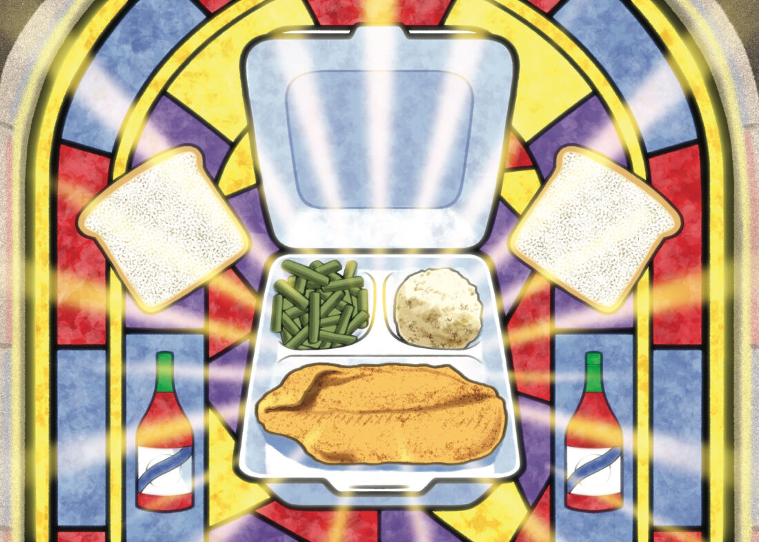 An illustration of a styrofoam box of fried fish and sides in the style of stained glass