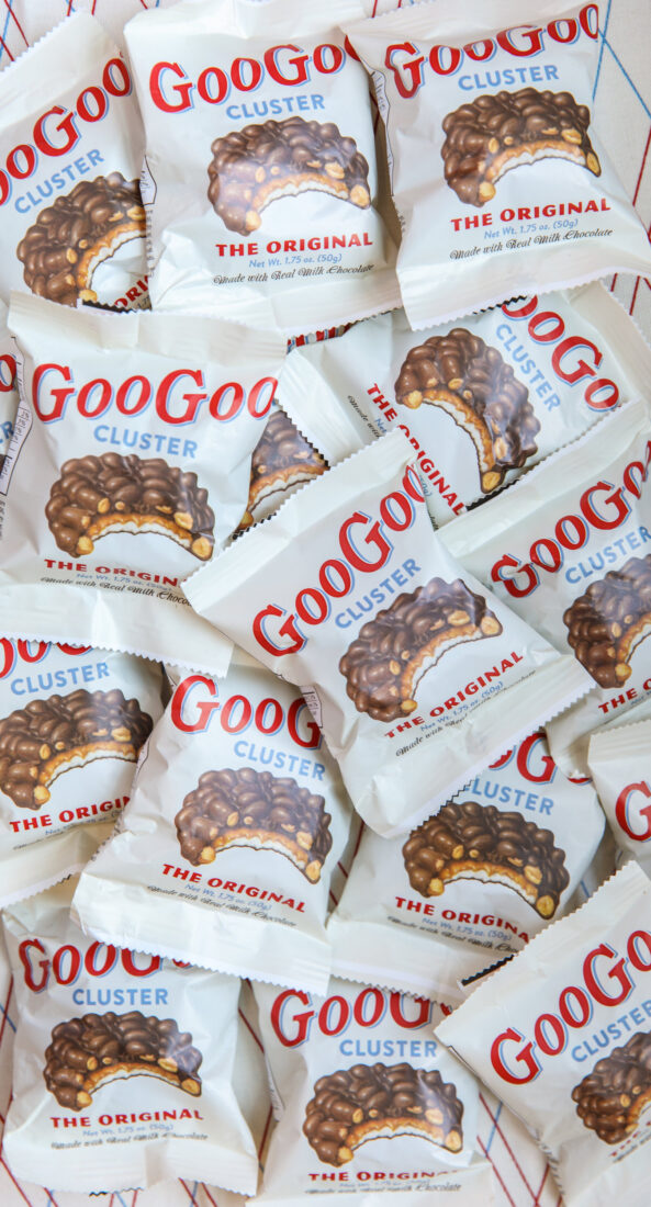 Goo Goo clusters with their packaging and red lettering.