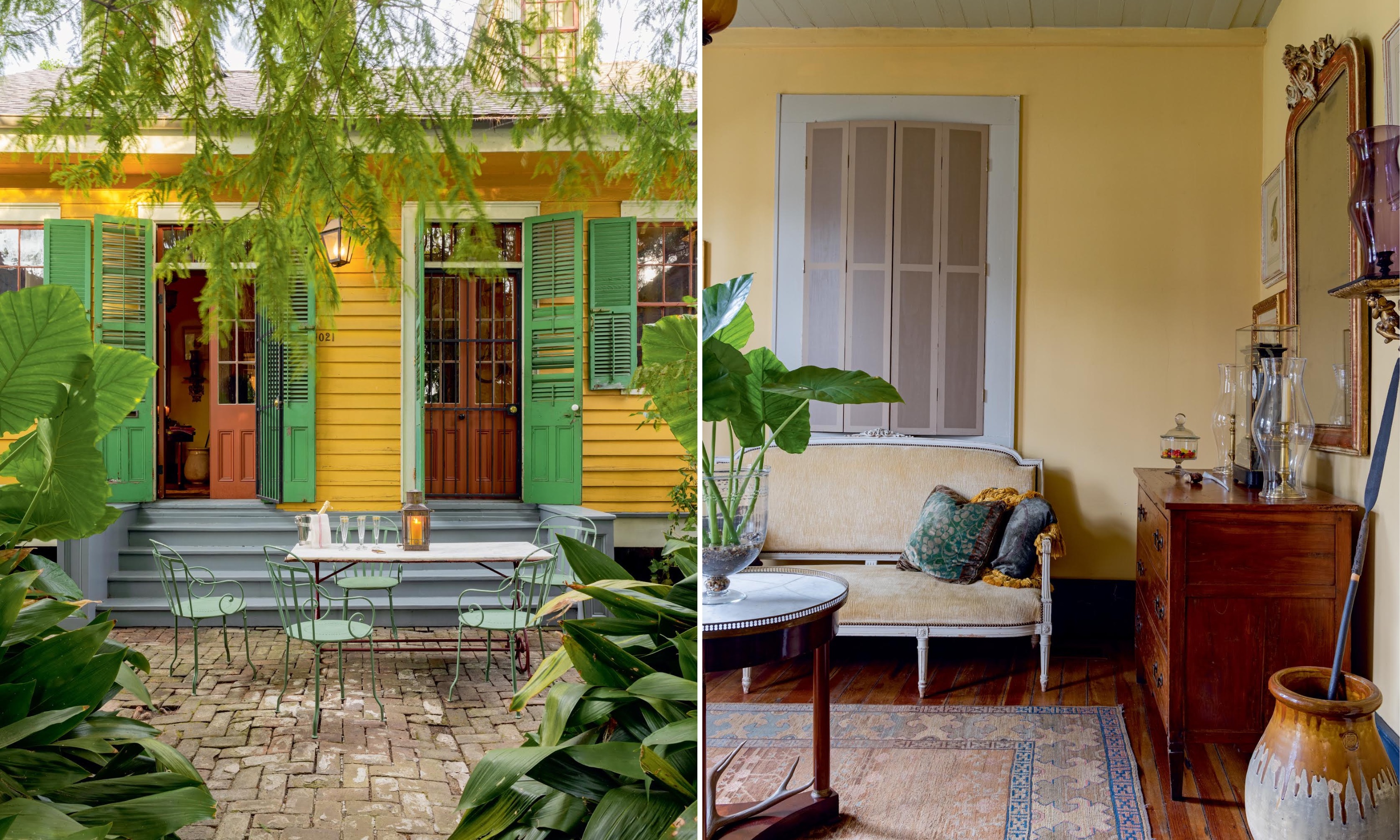 A collage of two images: an exterior home with yellow siding and bright green shutters; a pale yellow living room with brown shutters