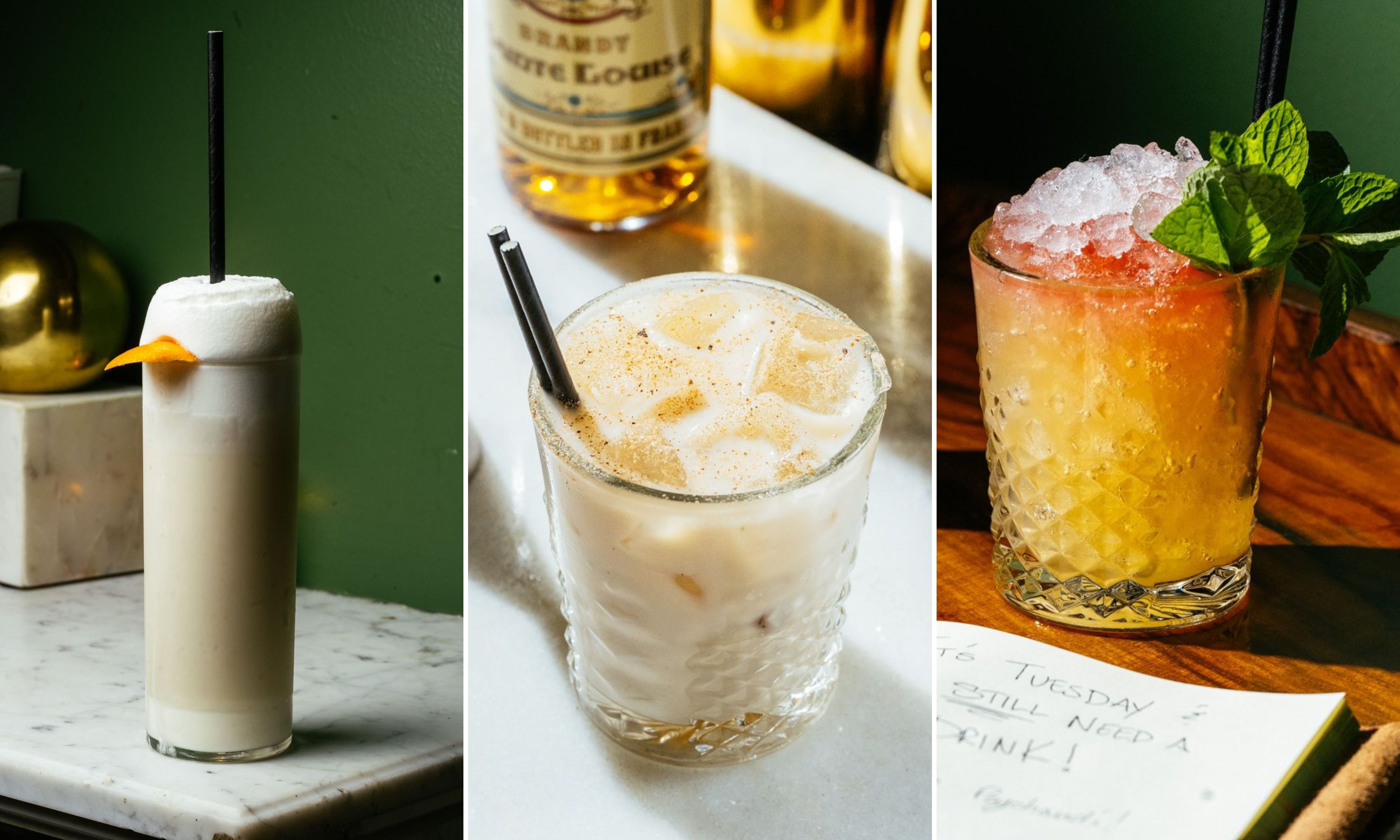 A collage of three drinks: a foamy cream drink with a tall straw in a tall glass; a milk punch with brown cinnamon dusted on top and ice; an orange and red drink with mint