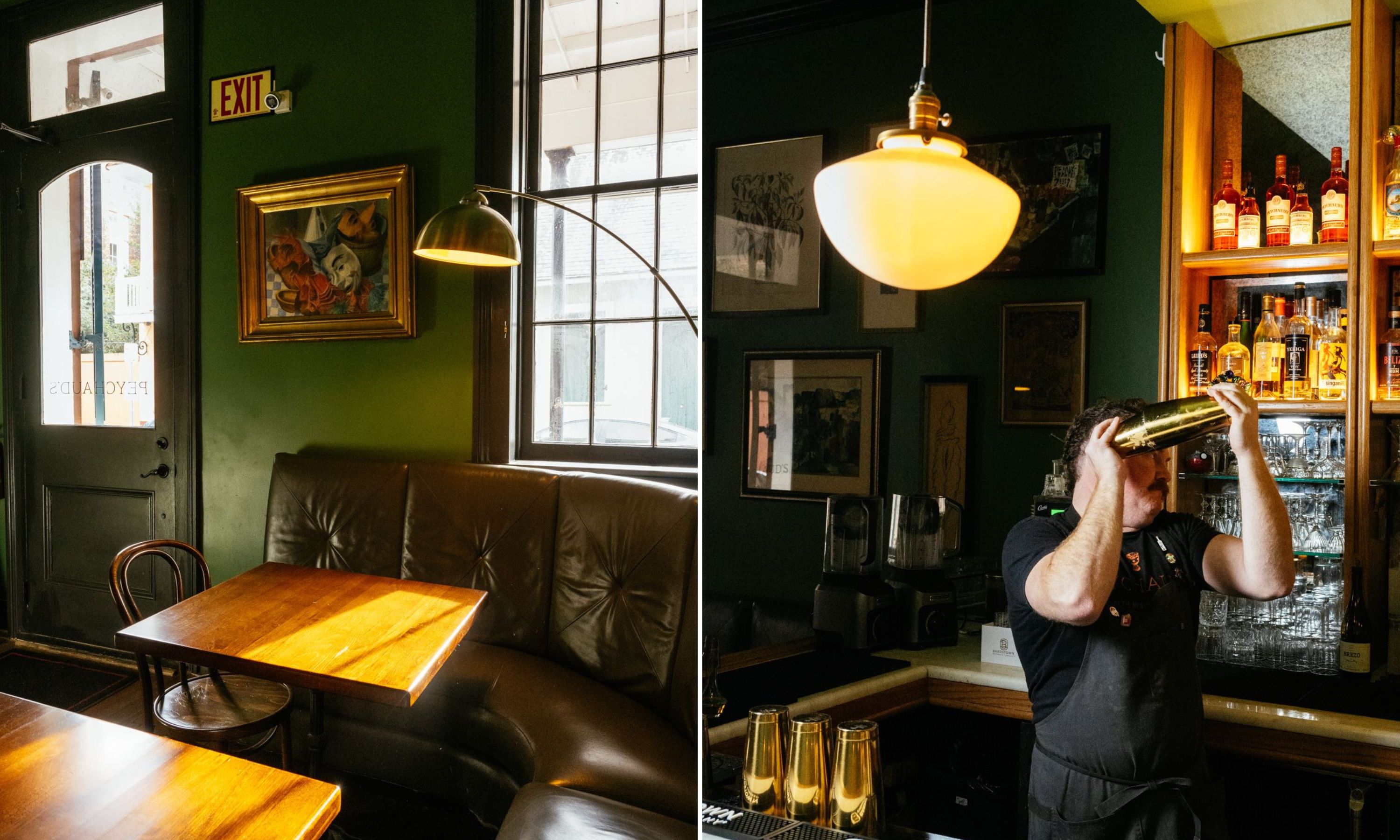 A collage of two images: A leather booth in a green bar; a man shakes up a cocktail behind the bar