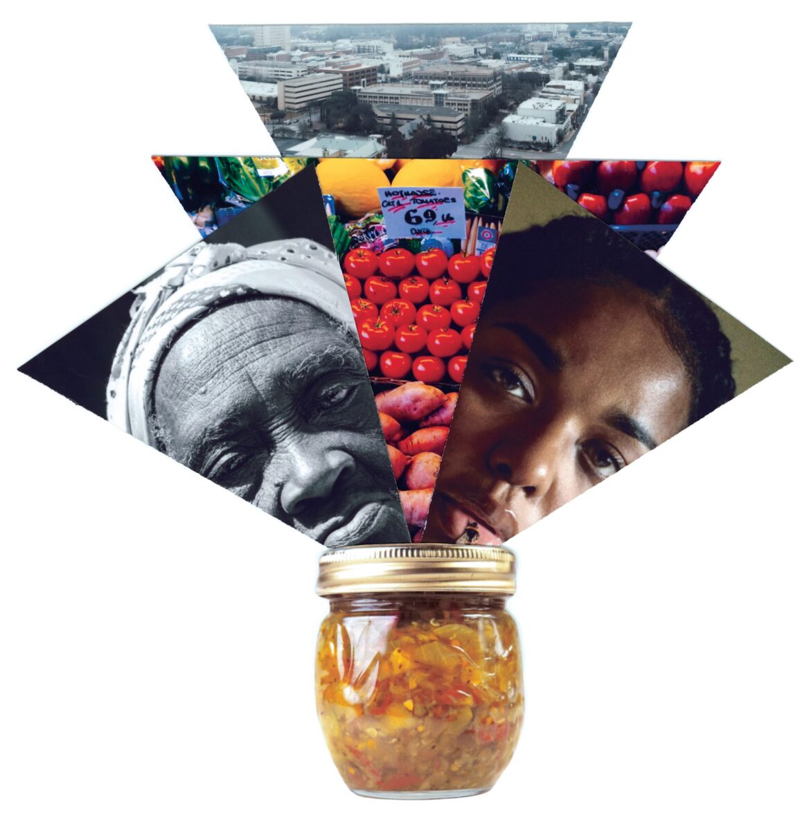 A collage of mixed media featuring a jar of chowchow, two women's faces, a market spread of tomatoes and potatoes, and an industrial landscape