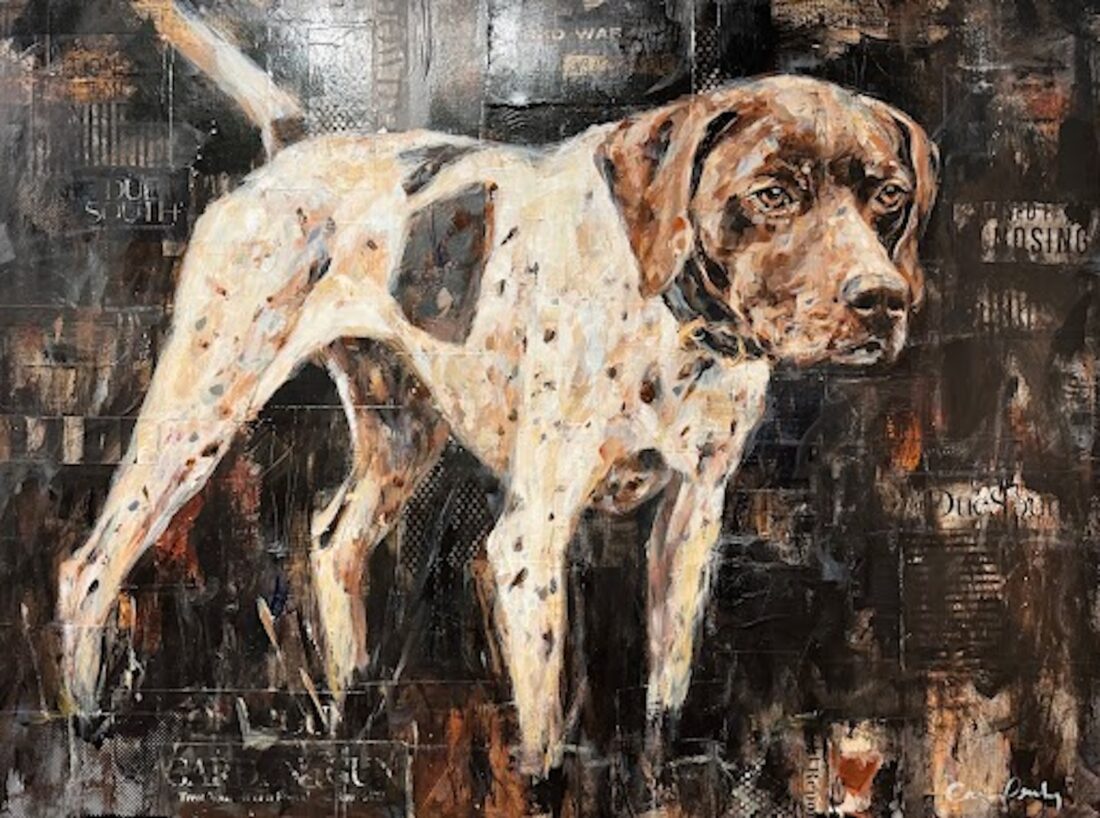 A painting of a pointer dog with a brown head and white body with brown speckles.