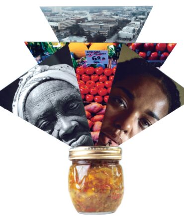 A collage of mixed media featuring a jar of chowchow, two women's faces, a market spread of tomatoes and potatoes, and an industrial landscape