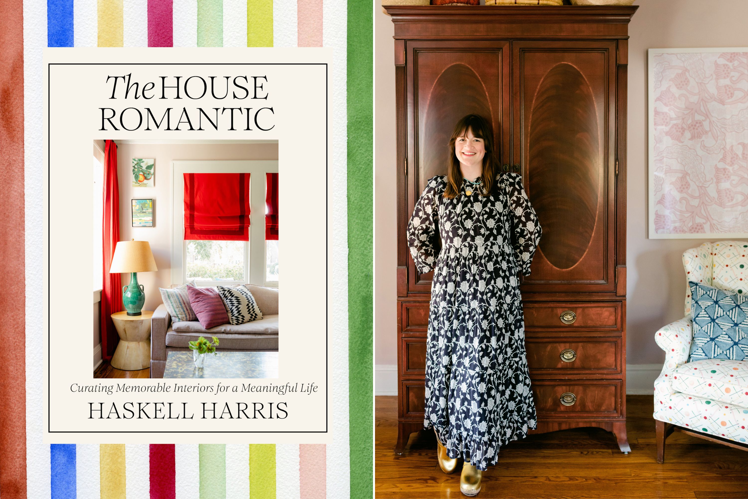 A collage of two images: A colorful striped book cover with a photo of a pink and red living room; a woman standing in a living room.