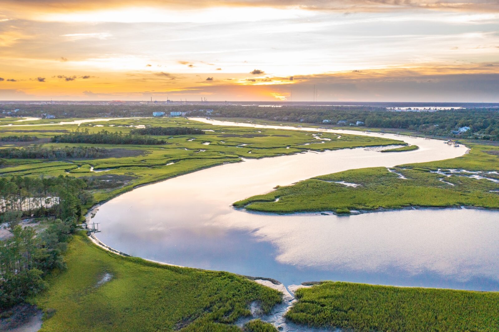A bird's eye view of the winding Beresford Creek in Daniel Island, South Carolina