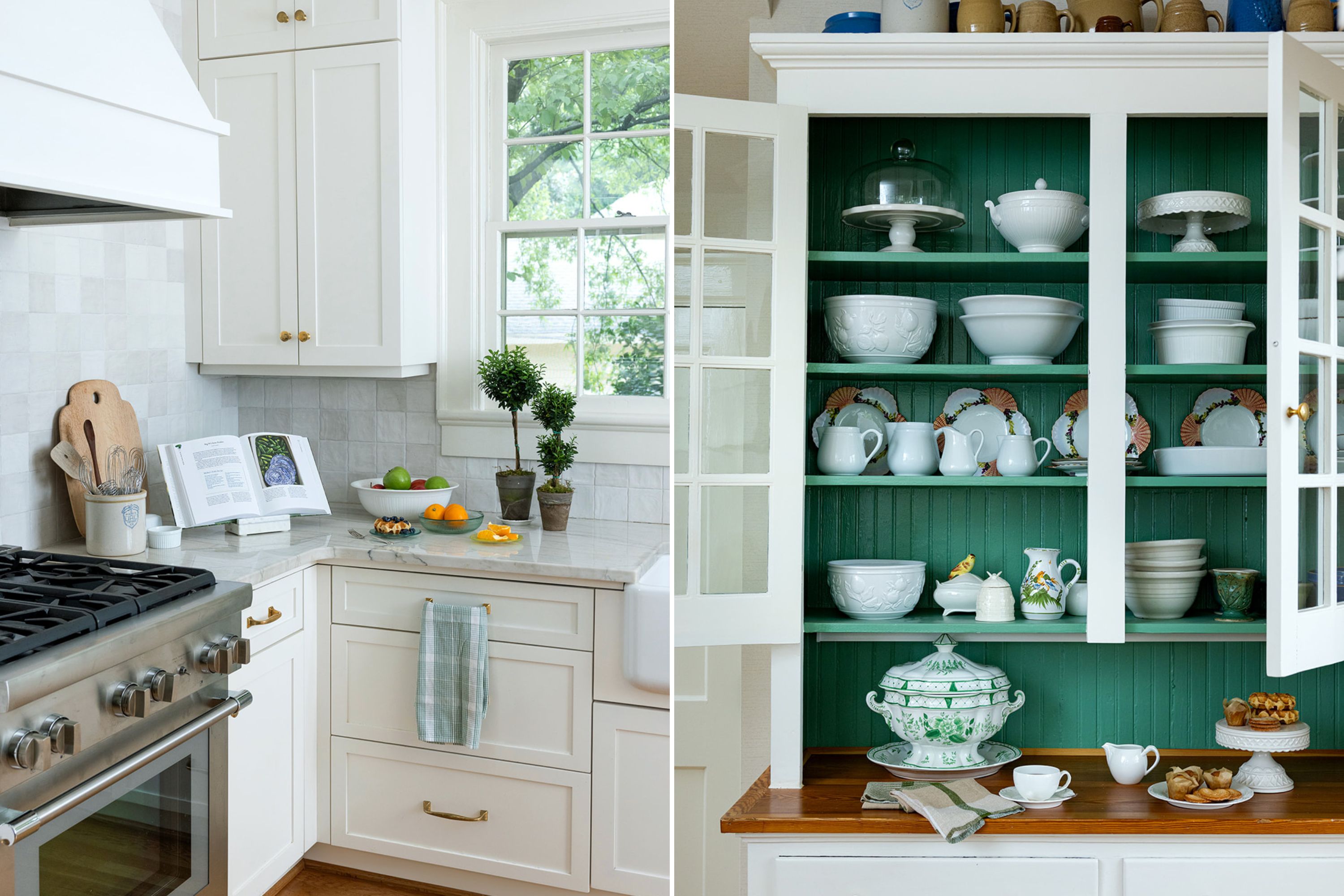 A kitchen with marble and white wood finishes; a cabinet with dishes and a dark green inside.