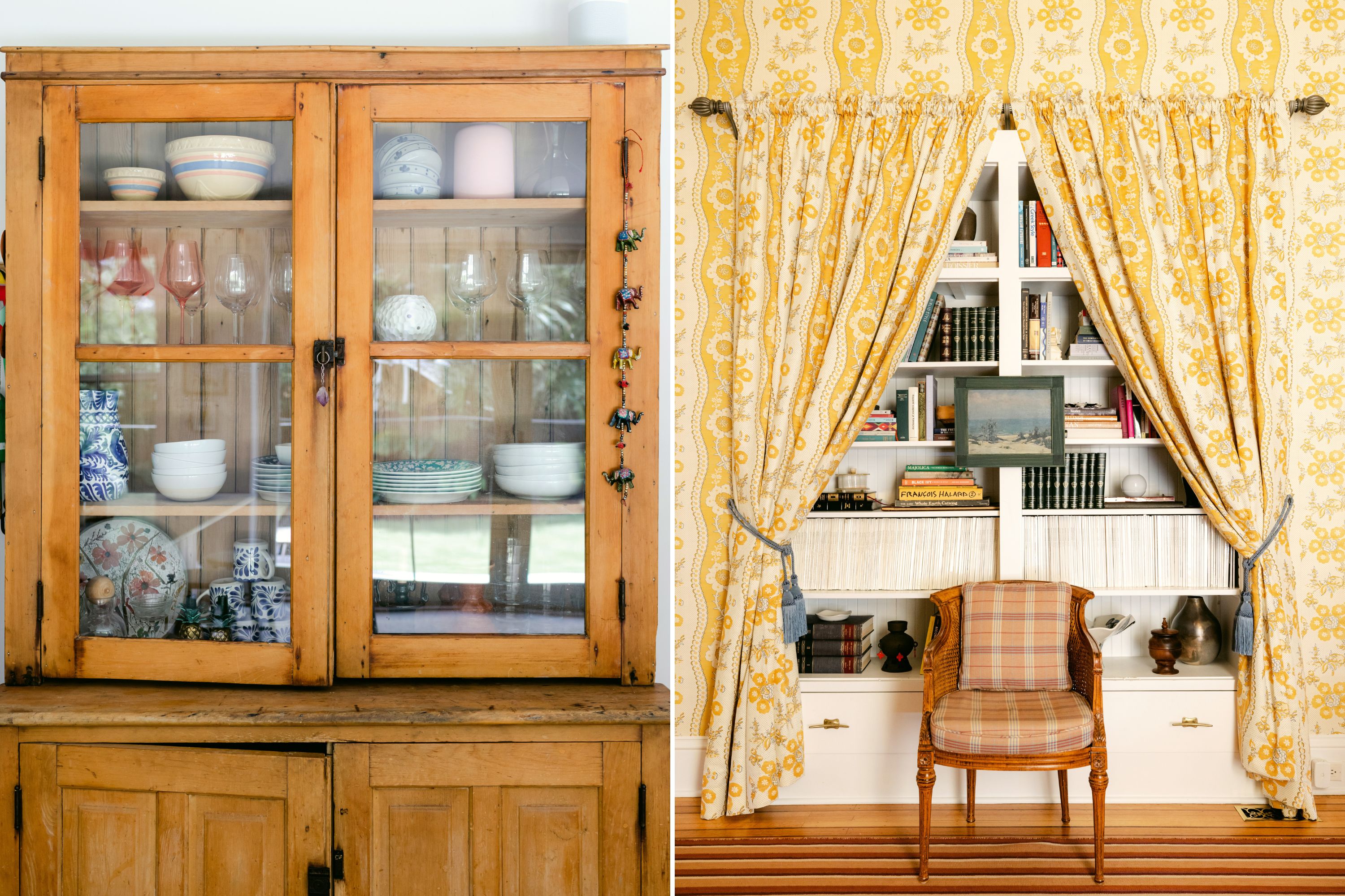 A collage of two images: A weathered sideboard cupboard with eclectic dishes; yellow floral drapery frames a book case with a plaid and wood chair.