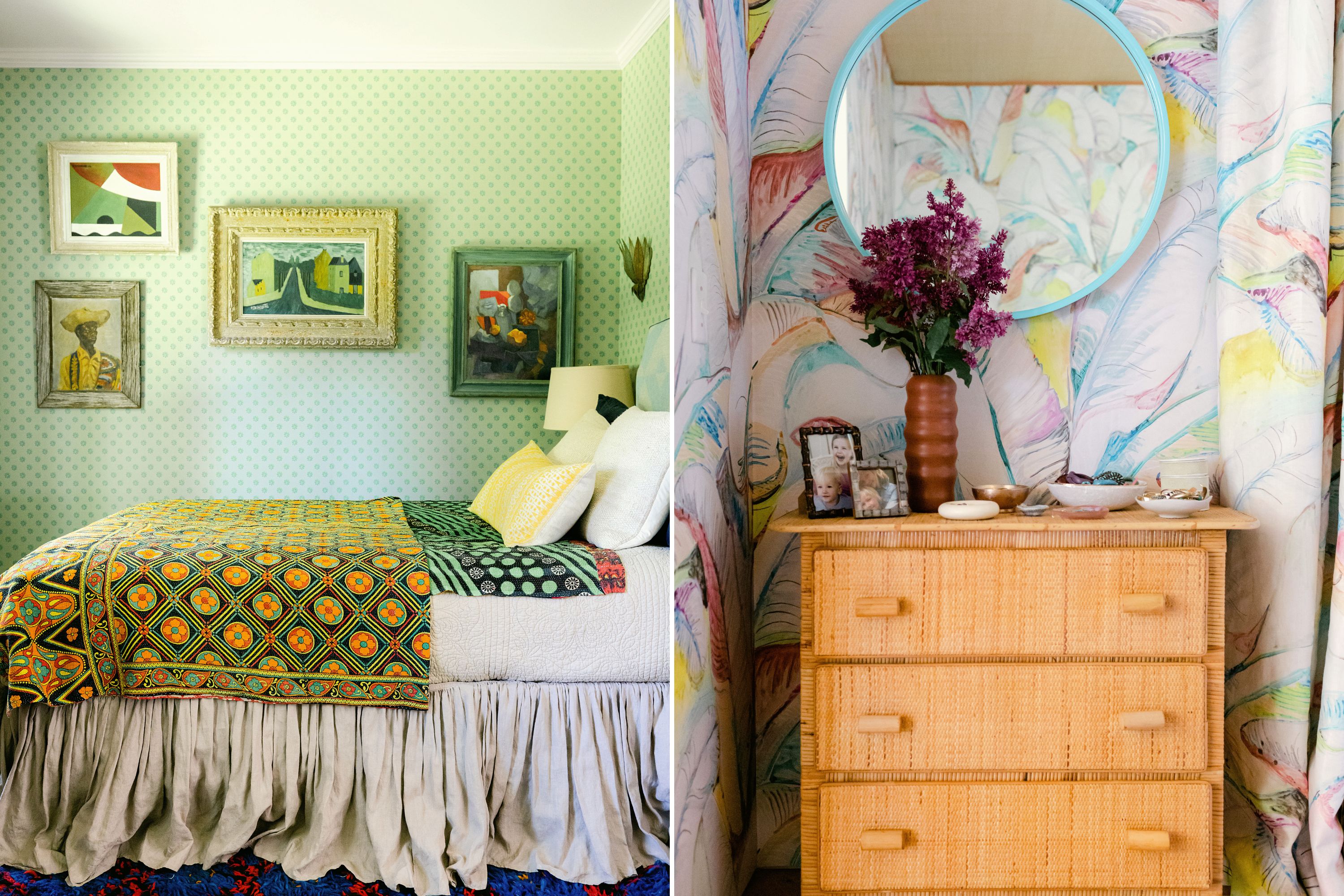 A collage of two images: a maximalist patterned bedroom with light green polka dot wallpaper and framed paintings; a dressing room nook with painterly wallpaper and a rattan dresser with photos and a vase of flowers.