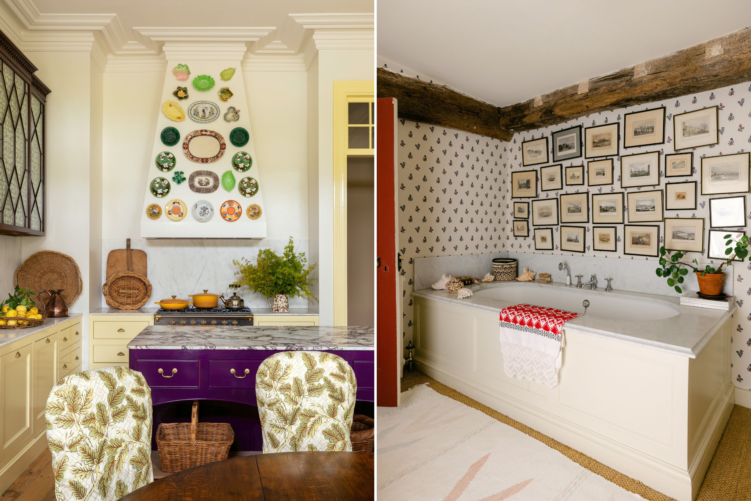 An eclectic kitchen with plates on a wall; a bathroom with a patterned wallpaper and many framed photos.