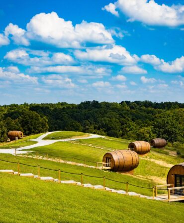 A grassy hill dotted with large bourbon barrel-shaped cabins