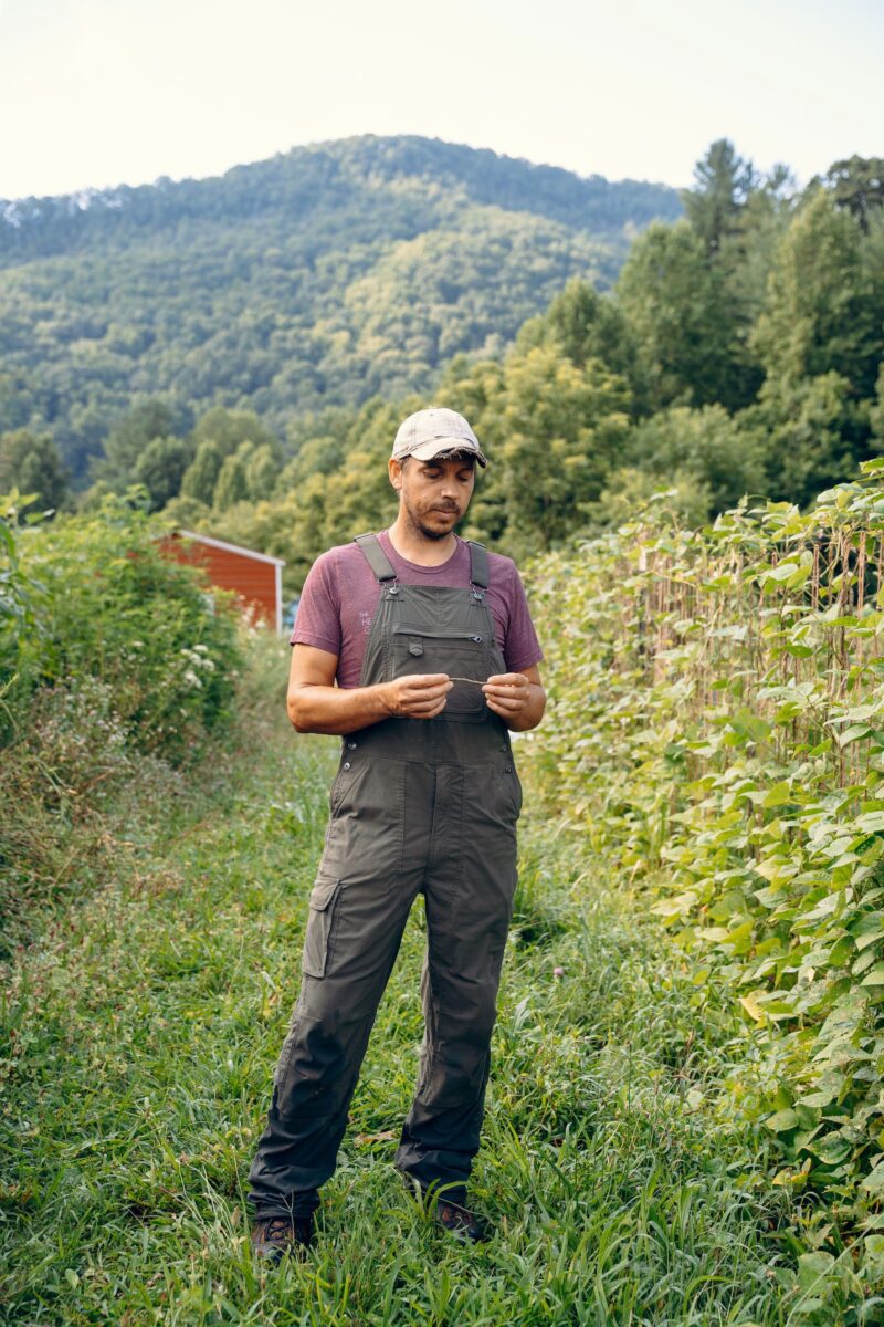 A farmer stands in a field holding a bean