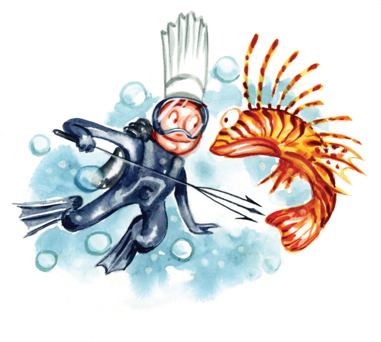 An illustration of a chef in a wetsuit spearing a lionfish