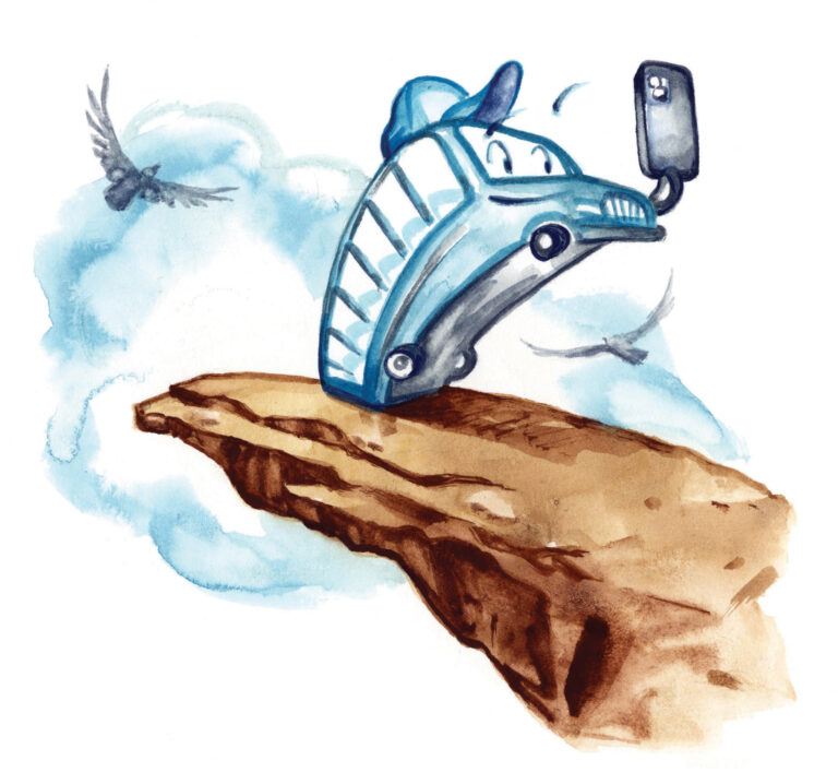 An illustration of a train car taking a selfie on a rocky outcrop