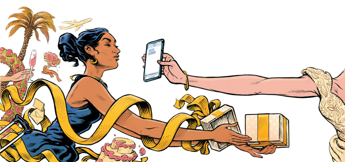 An illustration of a woman ina. flurry of gifts handing a present out to another woman who holds a phone out to her face