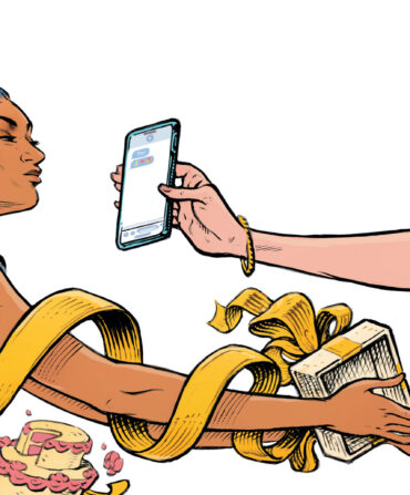 An illustration of a woman ina. flurry of gifts handing a present out to another woman who holds a phone out to her face