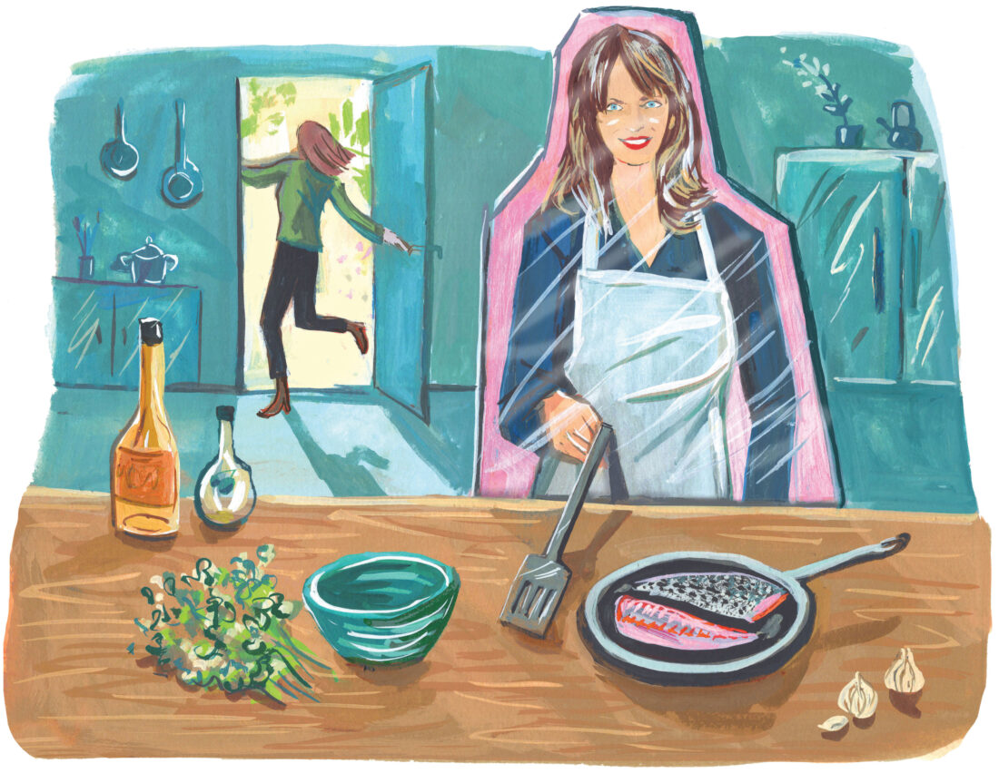An illustration of a cardboard cut out of a woman at a kitchen countertop cooking; behind the cut out, a woman runs out the door