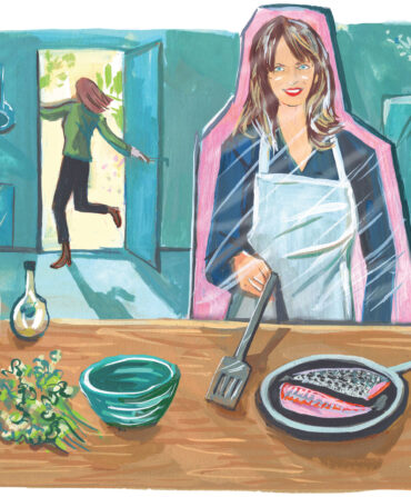 An illustration of a cardboard cut out of a woman at a kitchen countertop cooking; behind the cut out, a woman runs out the door