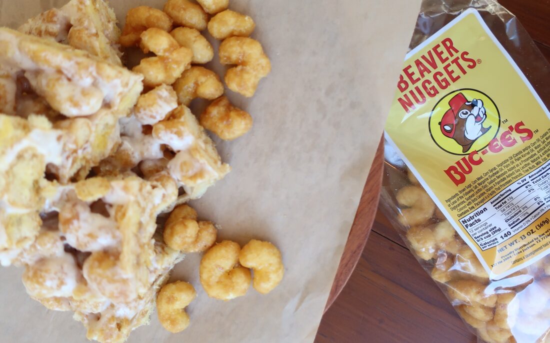 A cereal treat made of marshmallow and peanut nuggets