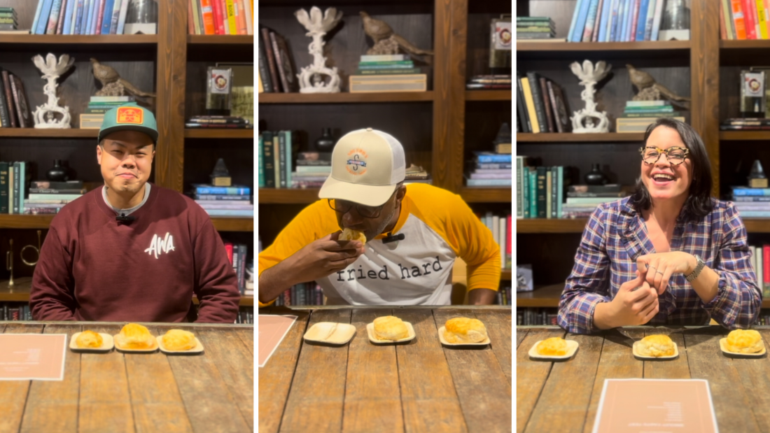 A collage of three chefs taste testing biscuits.