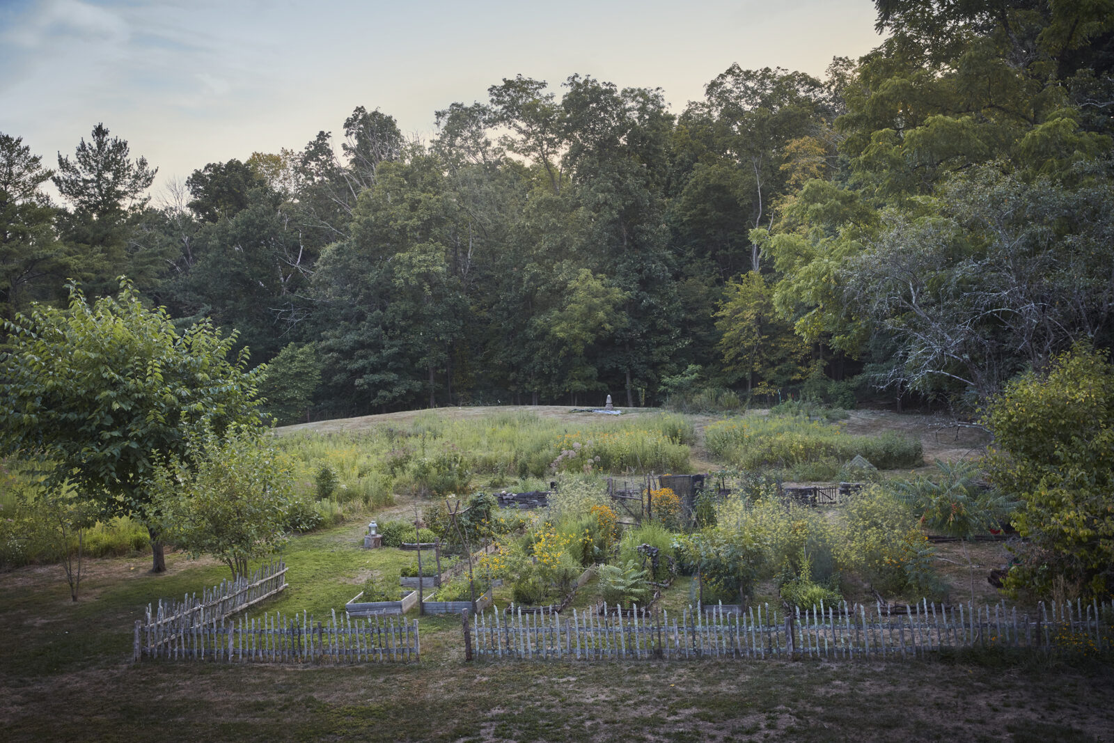 An aerial view of a vegetable garden with a stick fence